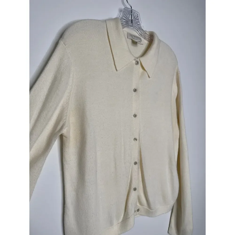 Vintage 70s Express Tricot Ivory Collared Cardigan Sweater Hong Kong Medium